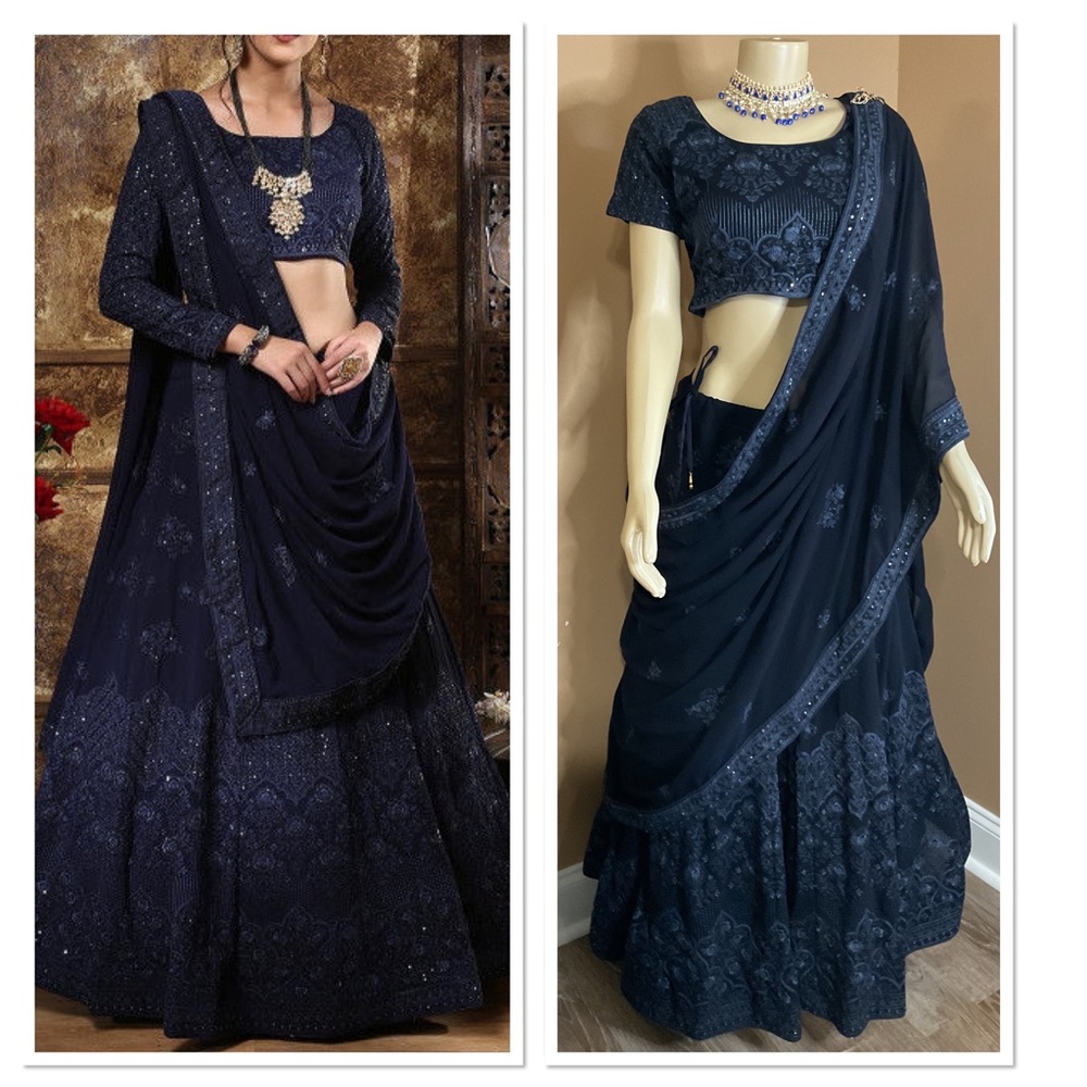 🐘 Embroidered Georgette Lehenga in Navy Blue